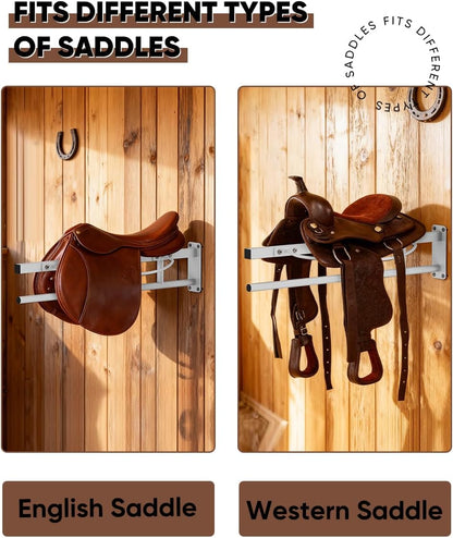 Queension Wall Mounted Saddle Rack with Pad Bar, Heavy Duty Horse Saddle Stand with for English & Western Saddles, Saddle Pad Rack for Horses Blanket, Tack Storage, White