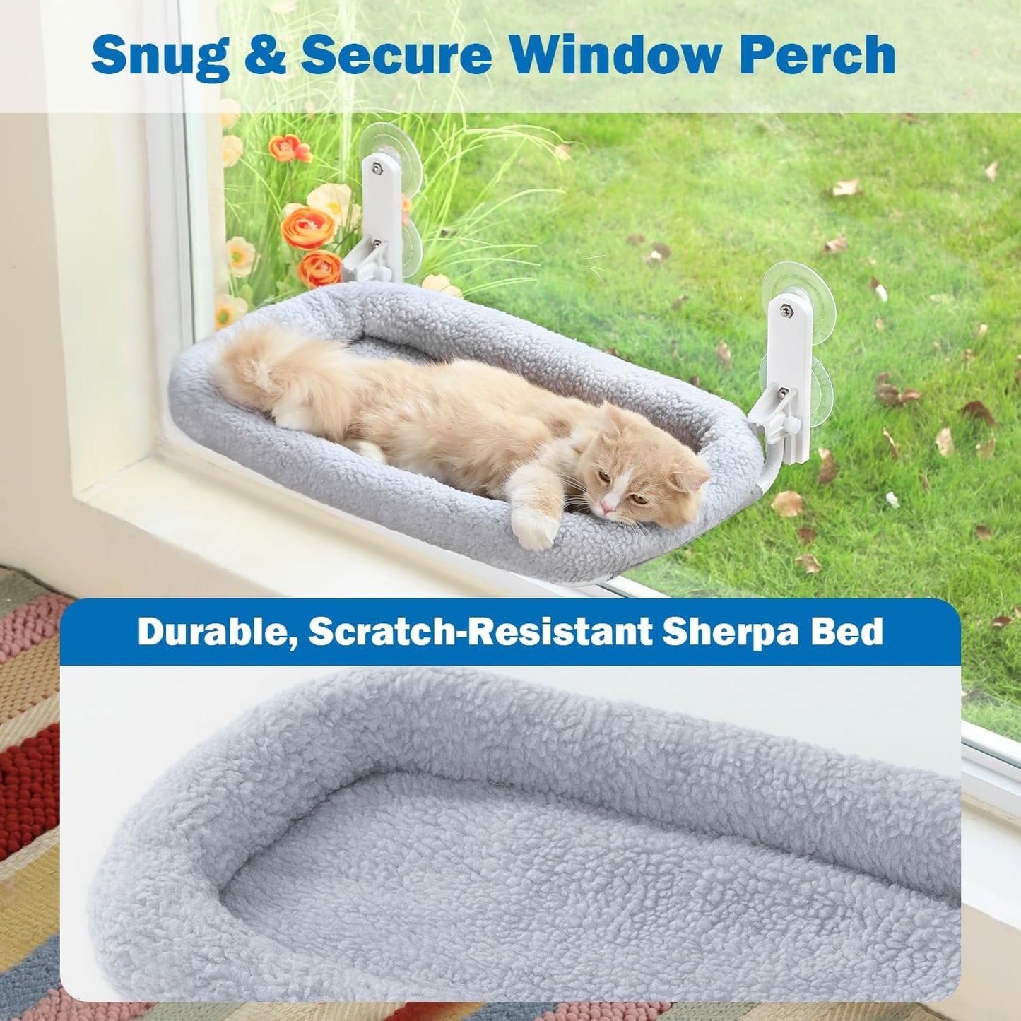 Zakkart Foldable Cat Hammock for Window - Cordless, Embeded Machine Washable Bed, Robust Metal Frame - Cat Window Perch for Large Cats and Kittens (Gray Bolster Bed, Large)