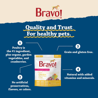 Bravo! Homestyle Complete Freeze Dried Raw Dog Food or Topper, Chicken, 2 Pounds, Add Water to Rehydrate for up to 9 Pounds of Food, Grain Free, Gluten Free