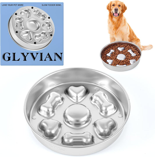 Slow Feeder Dog Bowls, Stainless Steel with Non-Slip Rubber Base Metal Bowl, 4 Cups Large Capacity Slow Feed for Small, Medium, Large Breed Dogs