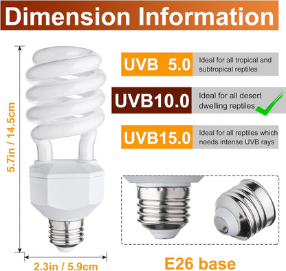 UVB Reptile Light Bulb 10.0, 23W UV Spiral Compact Florescent Terrarium Lamp Ideal for Desert Reptiles Bearded Dragons Lizard Tortoise Iguanas Chameleons Snake - 2 Pack