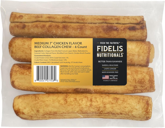 FIDELIS Rawhide Free Dog Chews Long Lasting, Treat Sticks, Dog Treats, Small & Large Dogs, Beef Collagen, Gluten Free, Grain Free, Pet Chew, Bones-Alternative, Made in USA, 4pk, Chicken, 7"