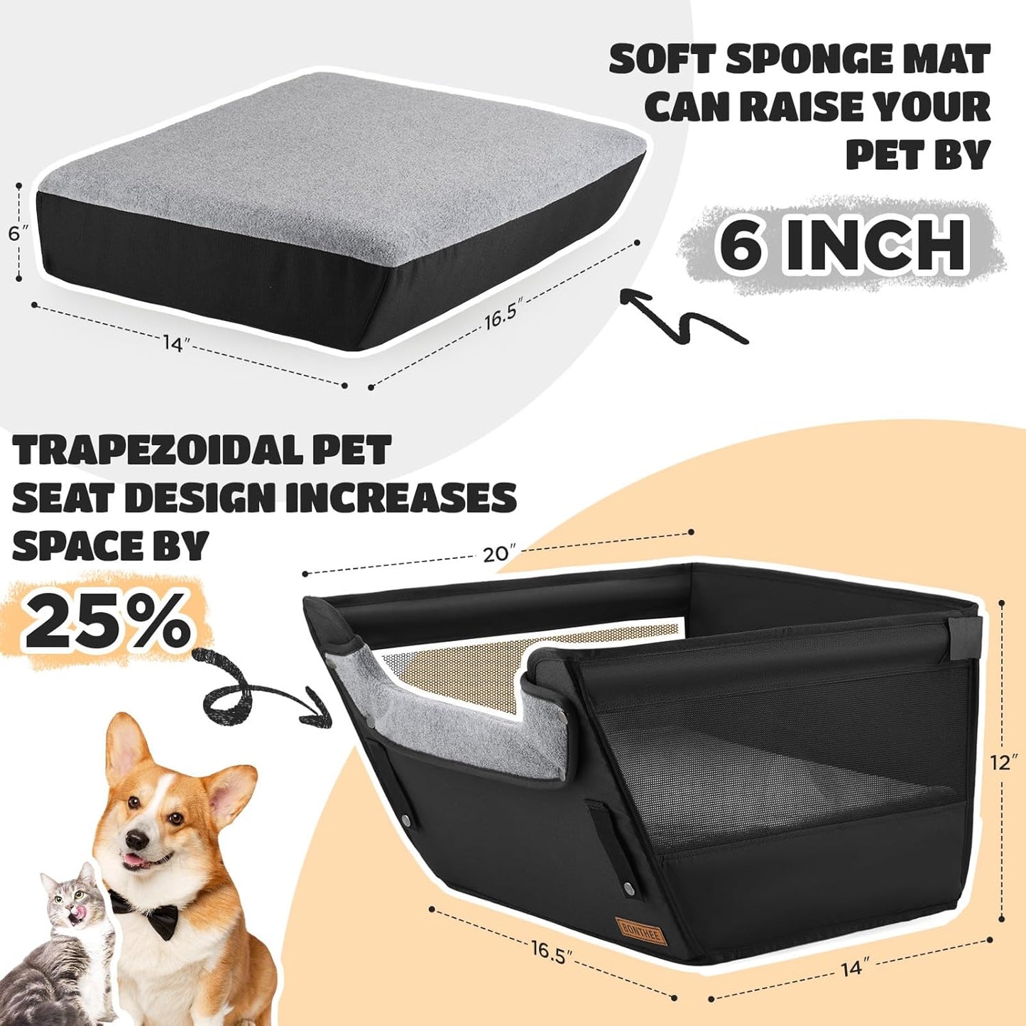 Elevated Dog Car Booster Seat for Dogs & Cats up to 35LB, 6-Inch Memory Foam Pet Booster Seat, Side Breathable Mesh,Portable Travel-Safe Bed for Cars,Elevated Car Seat for Small Medium Dogs