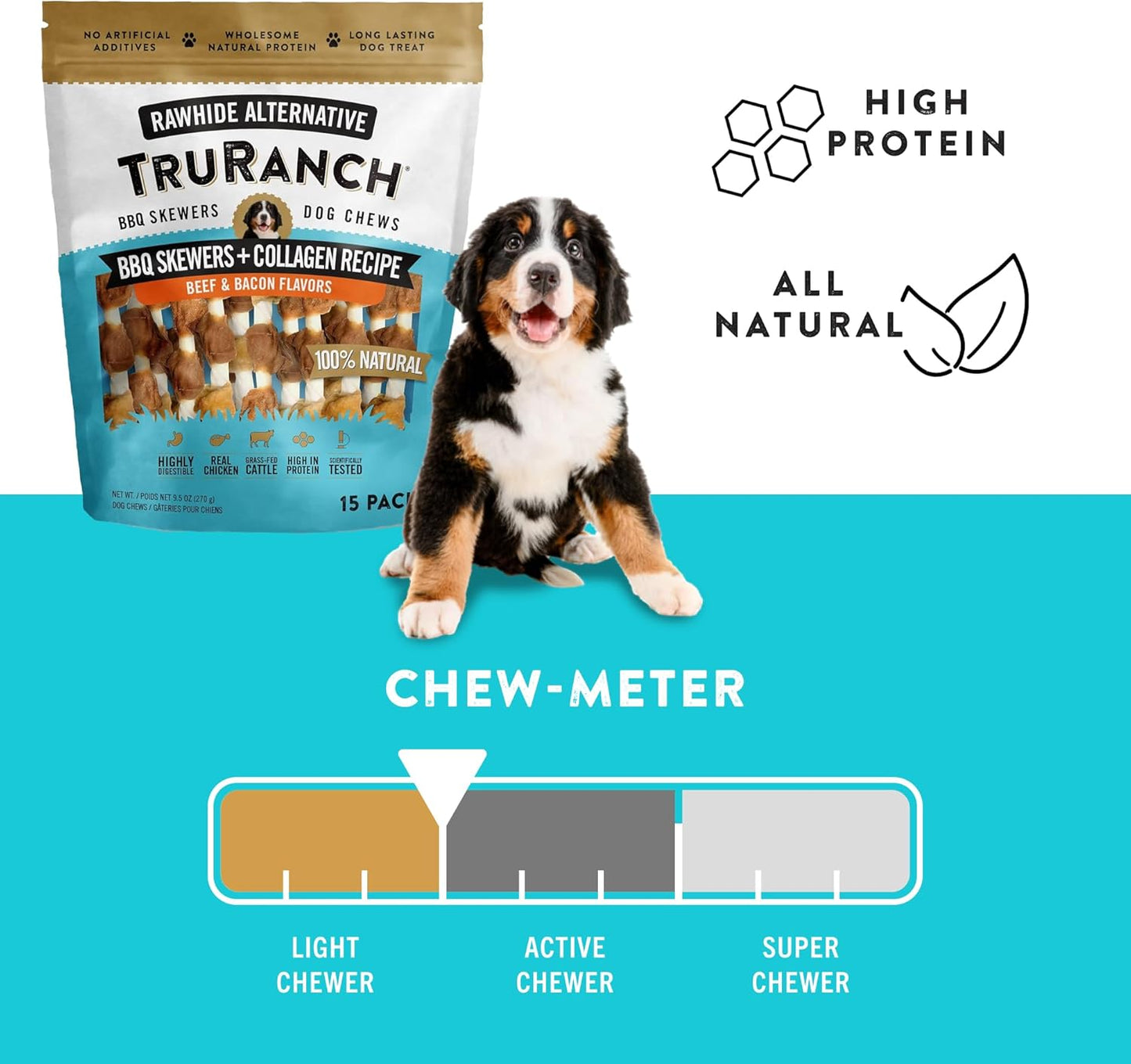 TRURANCH 5" BBQ Collagen Skewers - Collagen Dog Chews - Long Lasting Healthy Joint Support Dog Treat - Rawhide Alternative - Skin & Coat Health, 1 Bag, 15 Count