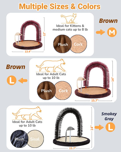 Happi N Pets Original Cat Self Groomer, Arch Grooming Brush wtih Heavy Wooden Scratching Pad, Rubbing Post & Toy, Cat Face Scratchers Body Massager, Cat Scratchers for Indoor Cats, Brown