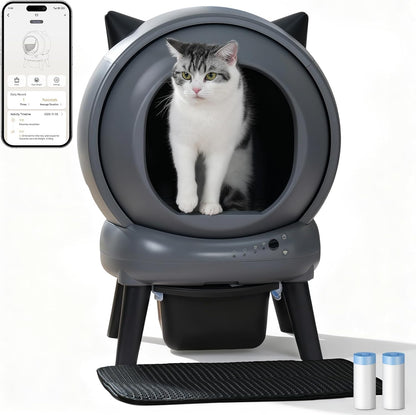 Self Cleaning Litter Box for Cats, Automatic Cat Litter Box with Smart APP Control and Health Monitoring, Includes 2 Roll Trash Bag and Litter Mat, Grey