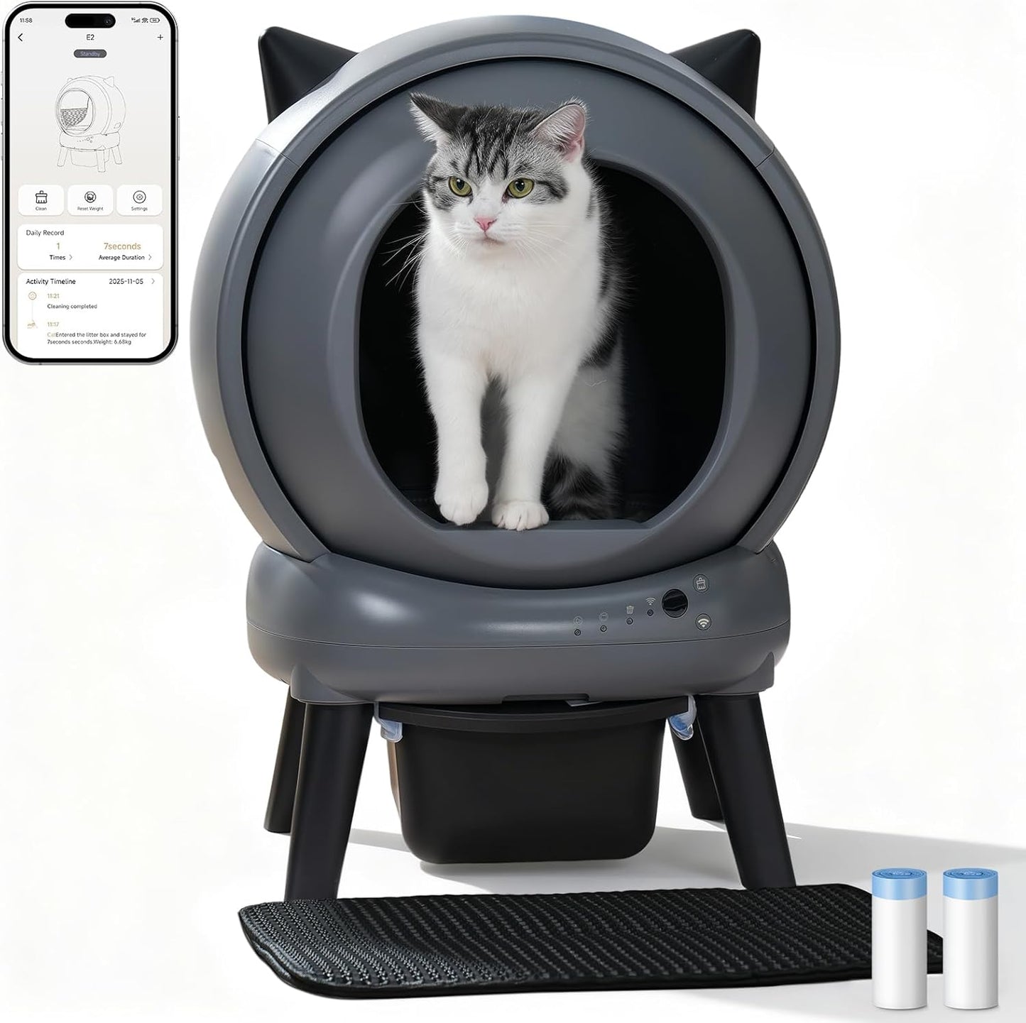 Self Cleaning Litter Box for Cats, Automatic Cat Litter Box with Smart APP Control and Health Monitoring, Includes 2 Roll Trash Bag and Litter Mat, Grey