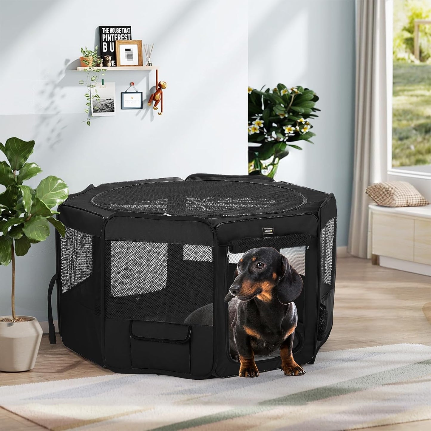 DONORO Dog Playpen Portable Pet Play Pens for Small Dog/Cat/Rabbit/Chicks, Cat Playpen Indoor/Outdoor with Carring Case, Removable Zipper Top and Bottom (Black, Large (46"x46"x23"), 8)