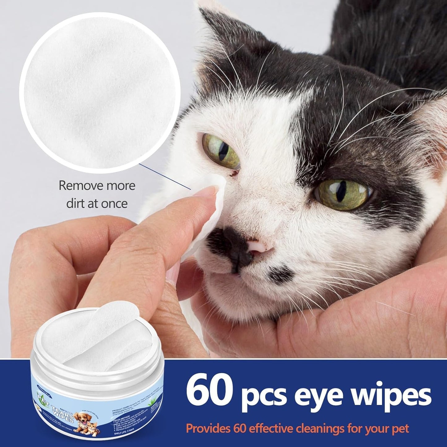 60Pcs Eyes Wipes for Dogs & Cats - Gently Remove Tear Stain, Debris, Discharge, Non Stinging Formula to Remove Eye Debris,Pet Cleaning Grooming Deodorizing Wipes Wash Cleaner for Eyes, Wrinkle, Face