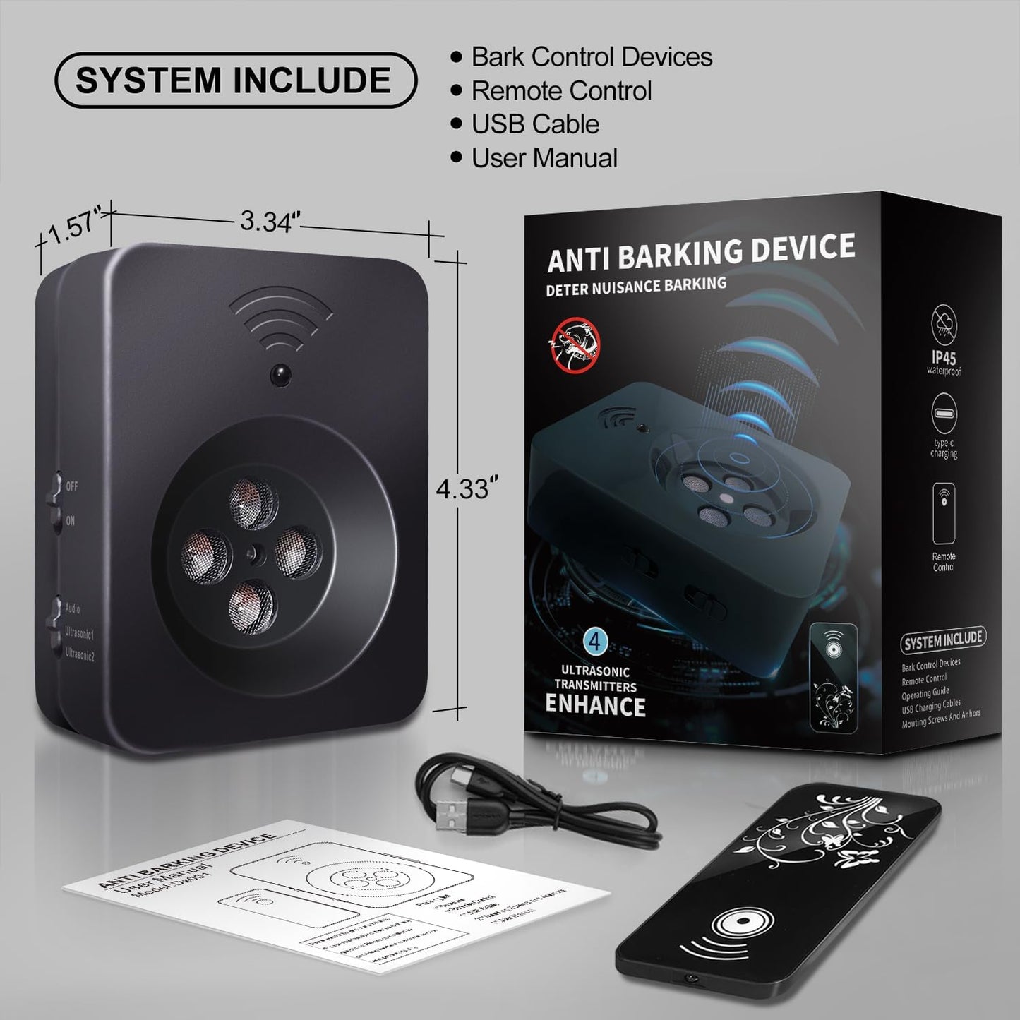 Ultimate Ultrasonic Bark Control Device for Dogs - 50ft Remote & Auto Sensor Modes | Weatherproof Anti-Bark Deterrent | Handheld Remote Training Tool | Stop Excessive Barking Humanely - Black