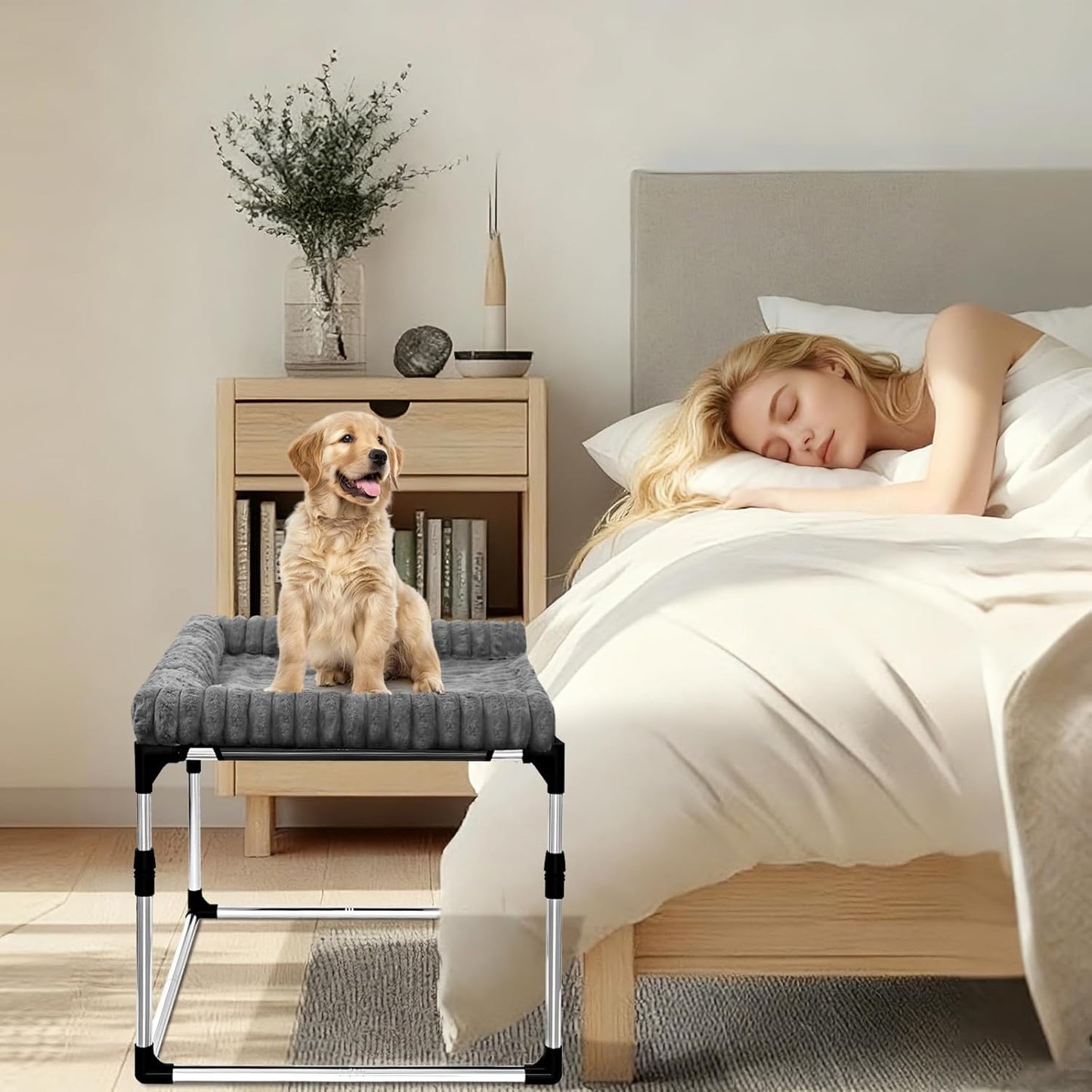 Adjustable Bedside Pet Bed for Dogs & Cats – Elevated Cosleeper Dog Bed with Height-Adjustable Metal Frame, Removable & Washable Cushion, Stable Design for Small to Medium Pets