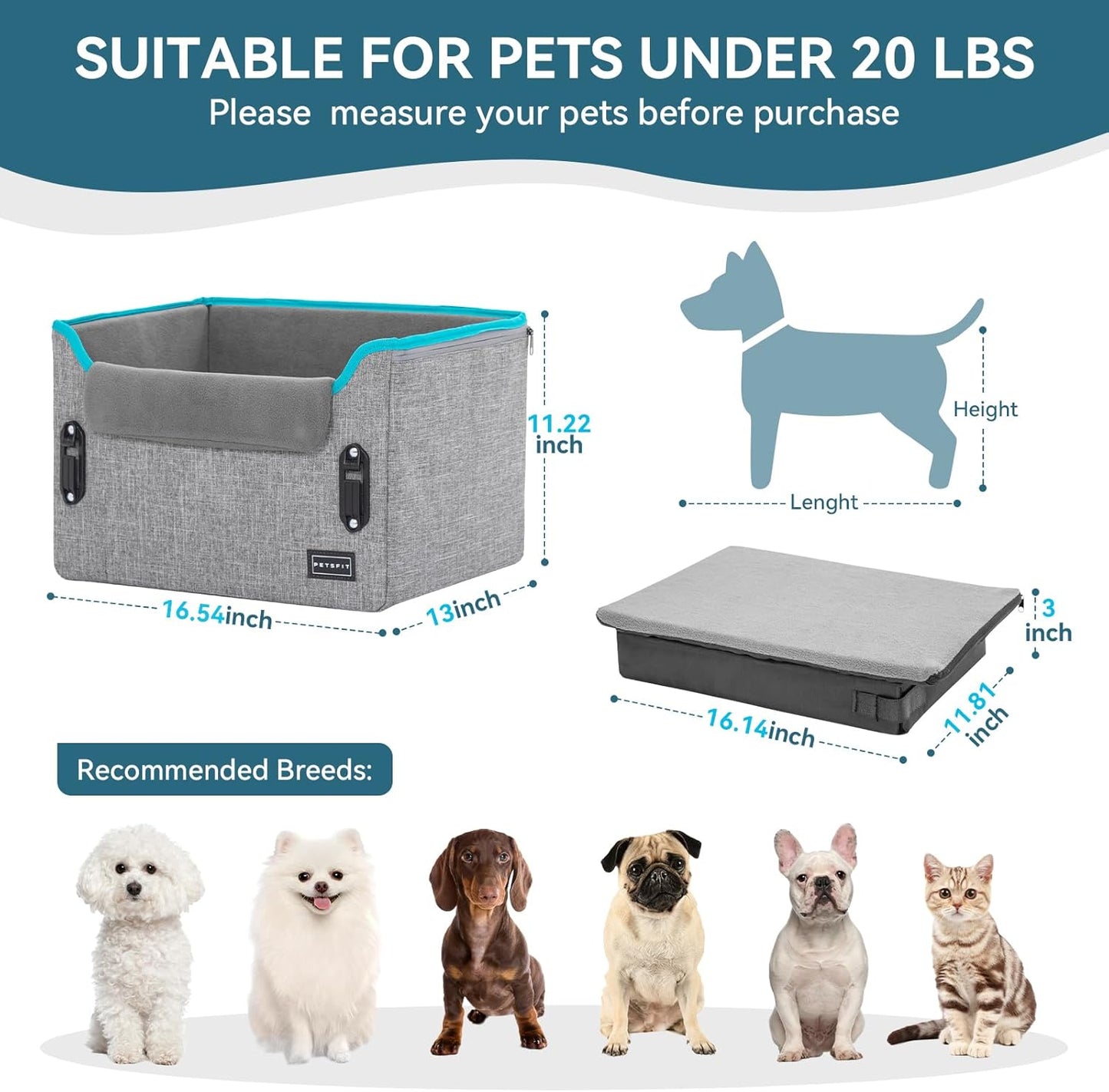 PETSFIT Dog Car Seats for Small Dogs, Patent Safe Buckles Dog Booster Car Seat, Cat Cars Seat with Safety Belt, Suitable for Small Pets Up to 25lbs (Grey)