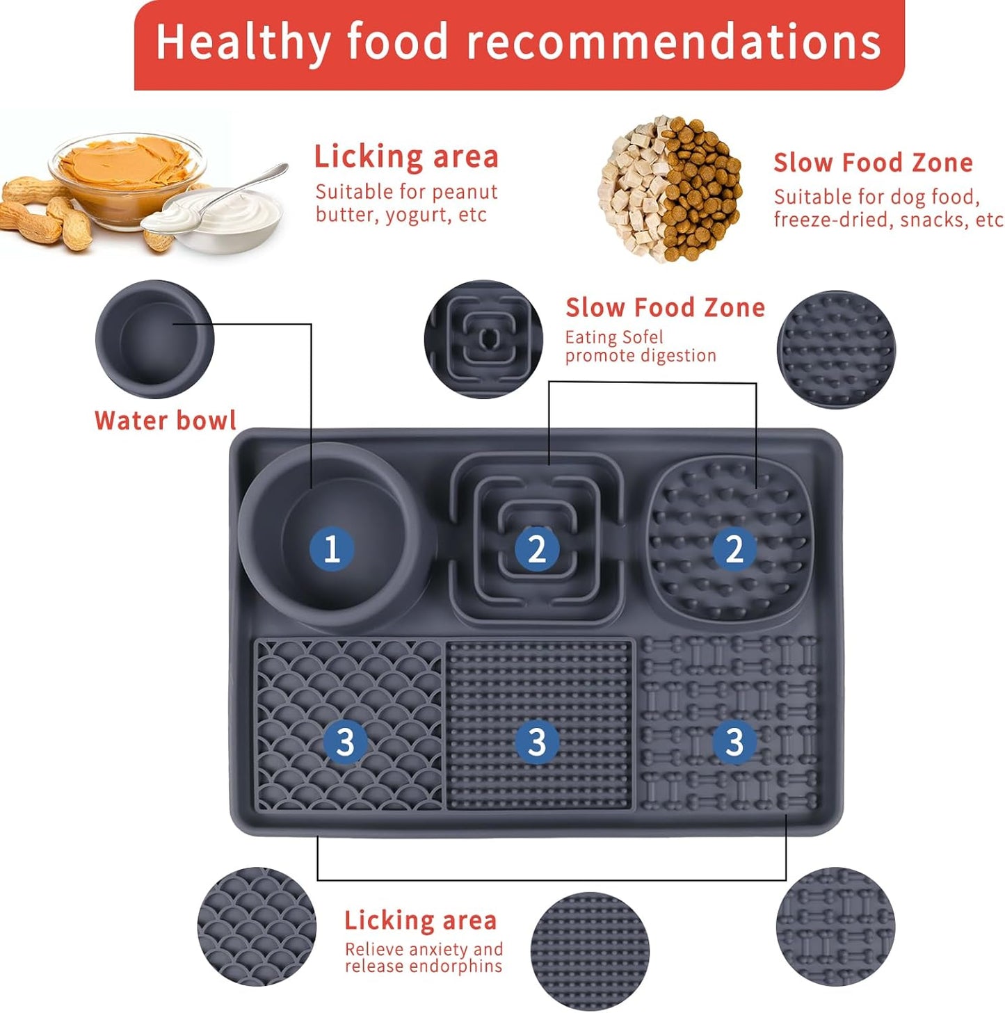 Lick Mat for Cats, Dog Anxiety Relief Slow Feeder with Suction Cups, Non-Slip Silicone Dog Enrichment Treat Mat, Easy to Clean Cat Puzzle Feeder, Lick Mats for Dogs Cats, Grey, 12"x8"