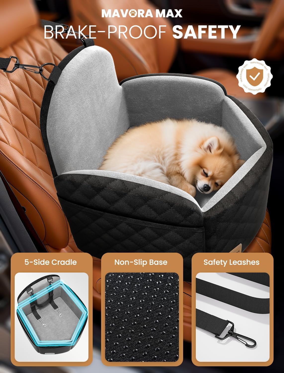 Dog Car Seat for Small/Medium Dogs, Elevated Dog Booster Seat Memory Foam Puppy Car Seat with Washable Cover, Travel Safety Pet Seat Bed for Car with Storage Pockets Up to 35 lbs (Black/Grey)