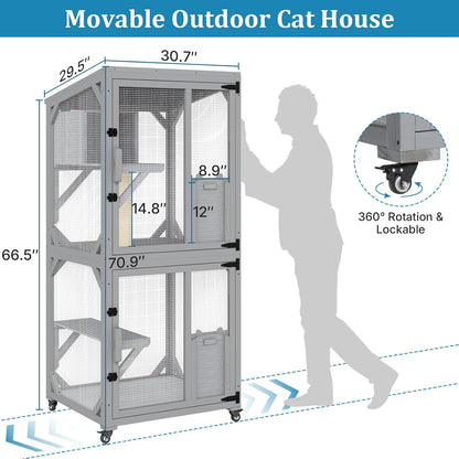Catio Outdoor Cat Enclosure, Cat Patio Enclosure with 3 Platforms, Cat Condo Outdoor, Wooden Movable Cats Cage with 4 Wheels, Large Outdoor Cats House