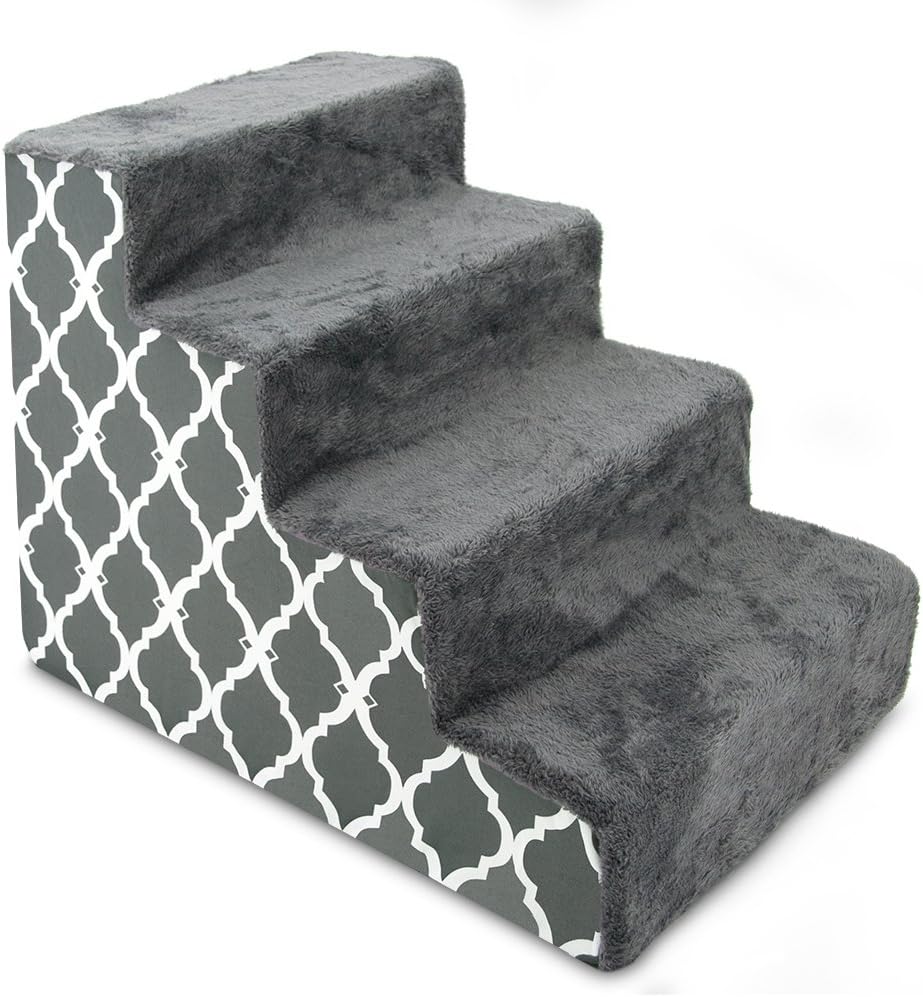 Best Pet Supplies Dog Stairs for Small Dogs & Cats, Foam Pet Steps Portable Ramp for Couch Sofa and High Bed Non-Slip Balanced Indoor Step Support, Paw Safe No Assembly - Gray Lattice Print, 4-Step
