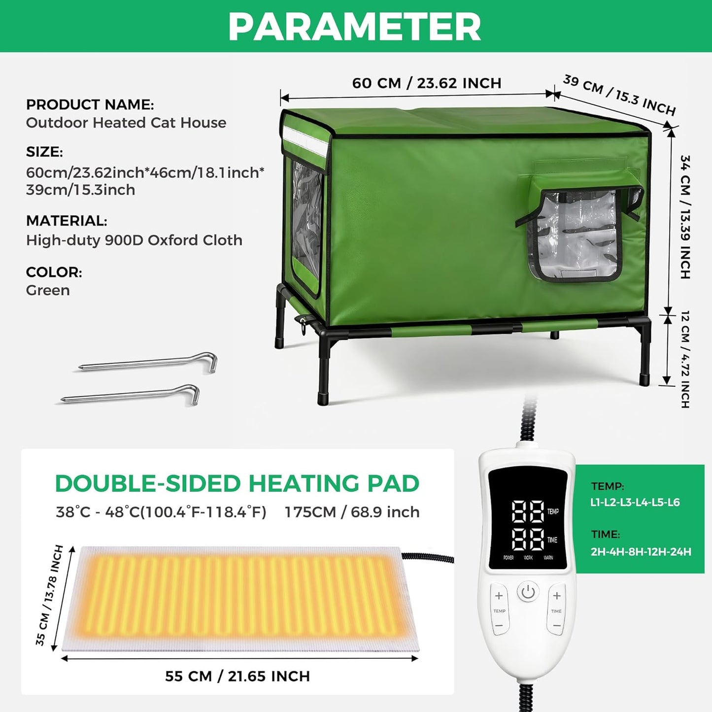 Heated Cat House for Outside Use 900D Oxford Cloth, Outside Cat House Weatherproof with Remote Control Heated Pad, Insulated Cat Houses with Removable Feet to Isolate Moisture, Against Extreme Weather