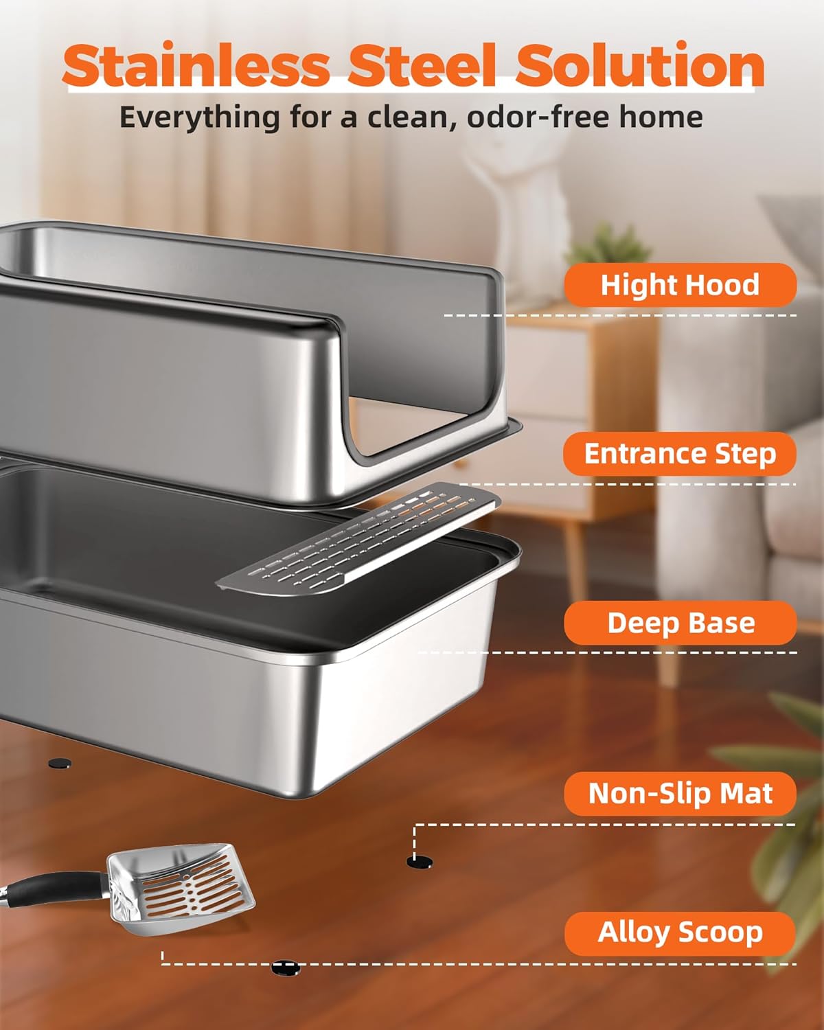 PETNF All Stainless Steel Cat Litter Box, High Sided Large Metal Litter Box - Leak-Proof, Anti-Litter Tracking, Easy Clean for Big Cats, Multi-Cat Households, 24" L x 18" W x 12" H (1 Pack)