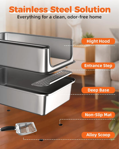 PETNF All Stainless Steel Cat Litter Box, High Sided Large Metal Litter Box - Leak-Proof, Anti-Litter Tracking, Easy Clean for Big Cats, Multi-Cat Households, 24" L x 18" W x 12" H (1 Pack)