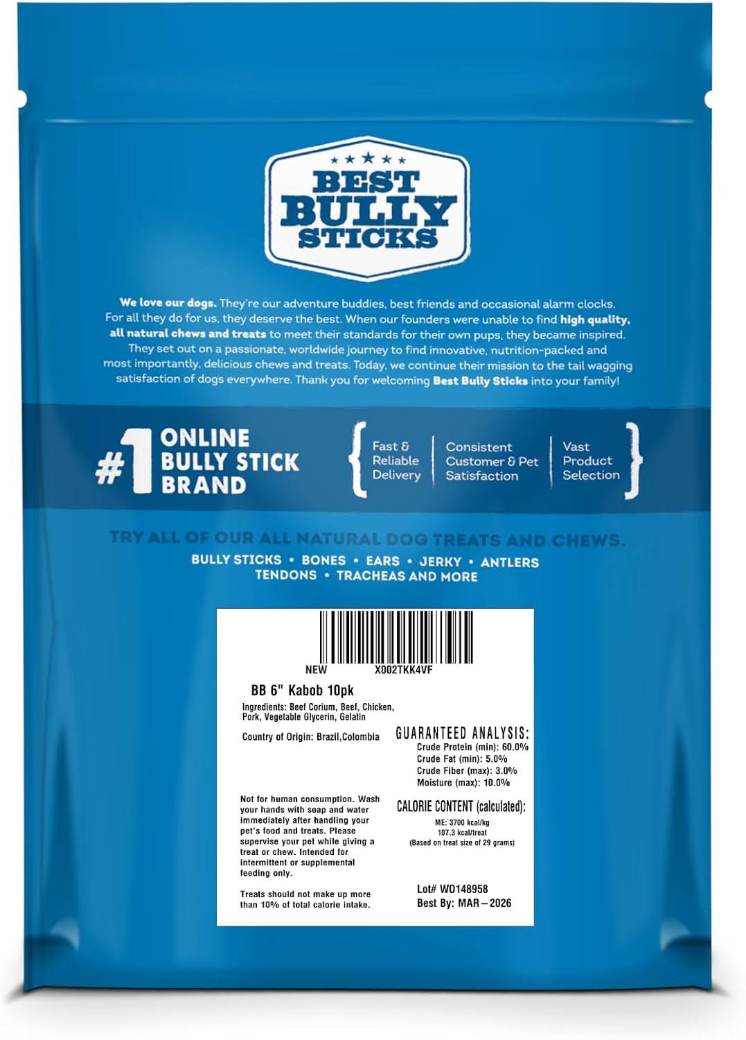 Best Bully Sticks Beef, Chicken, and Pork Kabob Collagen Sticks - 6 Inch 10 Count (Pack of 1) - Natural, USA Baked, Easily Digestible, Limited Ingredient Rawhide Alternative