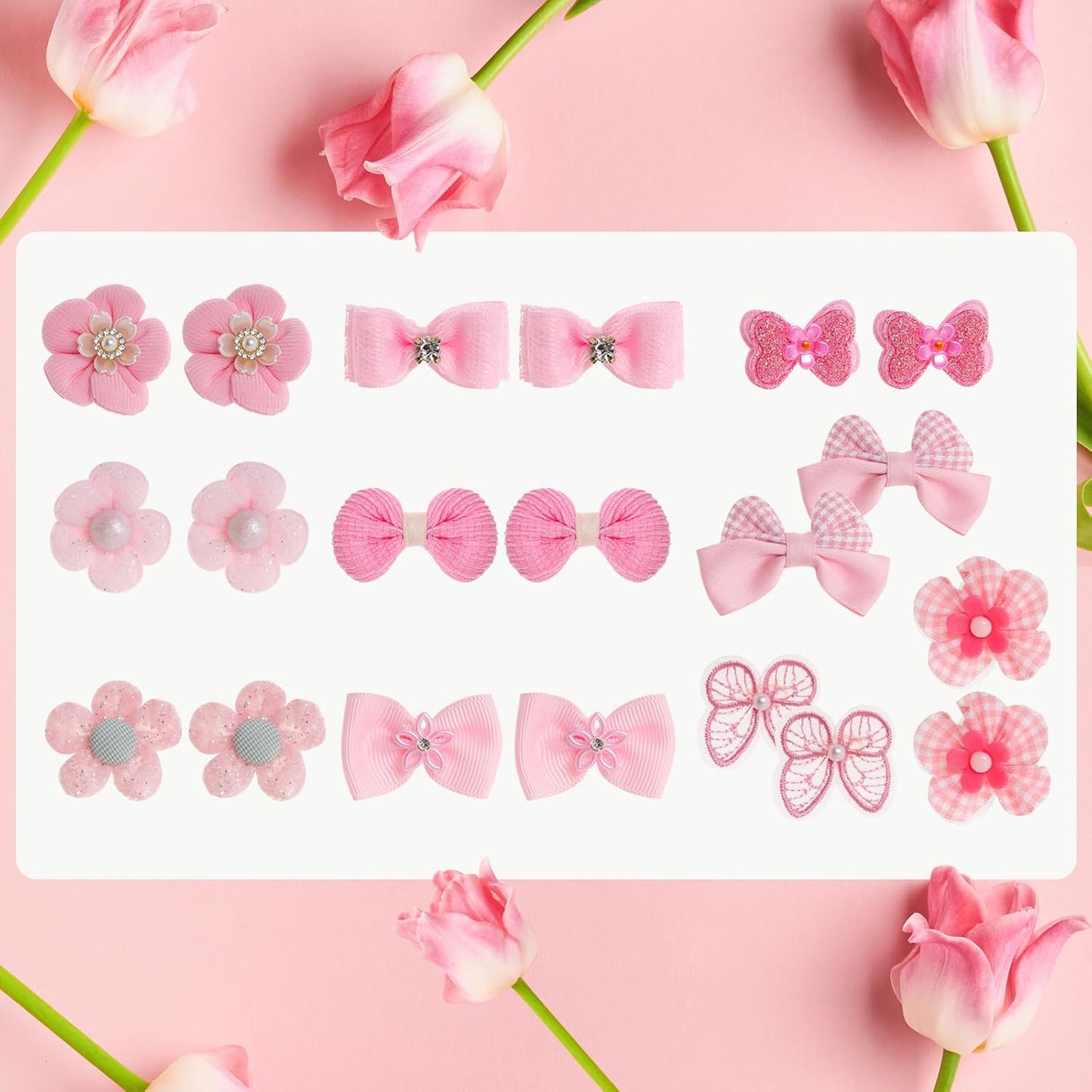 20Pcs Light Pink Small Dog Hair Bows Cute Puppy Dog Bowknot Hair Bow Bulk with Rubber Bands Elastic Lace Rhinestone Pearls Hair Ties Mix Style Handmade Flower Bow Dog Cat (Light Pink, Cute pattern)