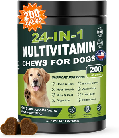 24-in-1 Dog Vitamins and Supplements 200 Ct Multivitamin for Dogs Chewable Contain Glucosamine Chondroitin Probiotics Omega-3 for Skin Coat,Hip & Joint,Heart,Liver,Brain,Eyes - Suitable for All Dogs