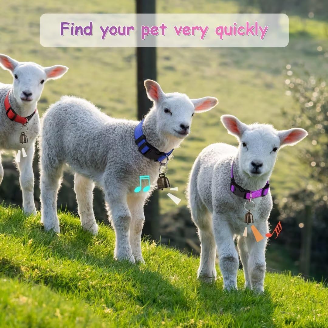 5 Pack Goat Collars with Bells, Horse Sheep Grazing Copper Bells and Adjustable Nylon Collar Set Pet Anti-Lost Loud Bronze Bell for Small Farm Animal Sheep Goat Cow Accessories (02)