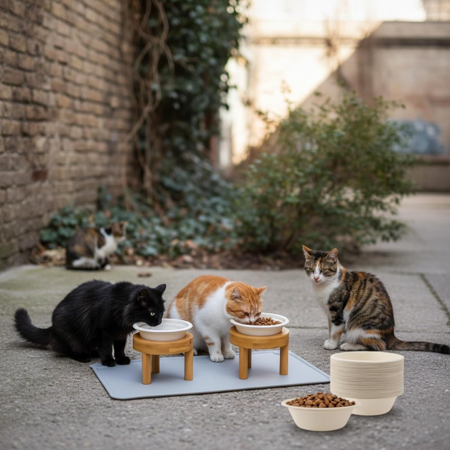 LemonRoad 53 Pcs Disposable Cat Bowls with Food Mat 50 Compostable Disposable Pet Bowls 2 Elevated Wooden Stand Cat Food and Water Dishes for Cats Puppies Travel Camping Outdoor Use
