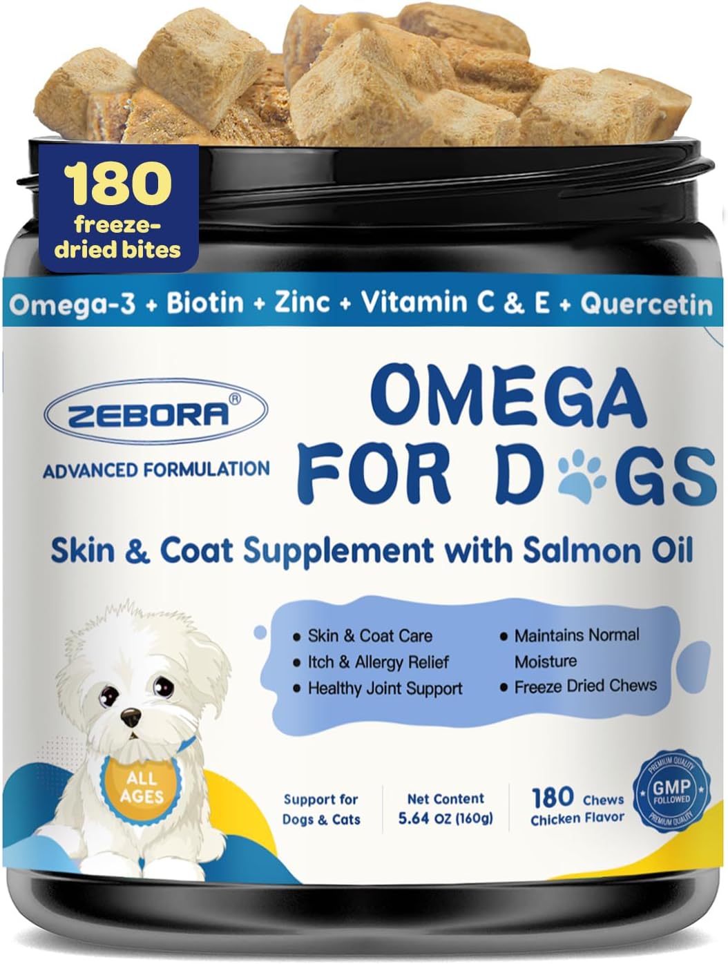ZEBORA Salmon Oil for Dogs, Omega 3 Fish Oil for Dogs Skin and Coat with EPA & DHA, Zinc, Biotin, Quercetin, Vitamin C & E for Dog Allergy Relief, Hot Spot Treatment, Control Dog Shedding, 180 Chews