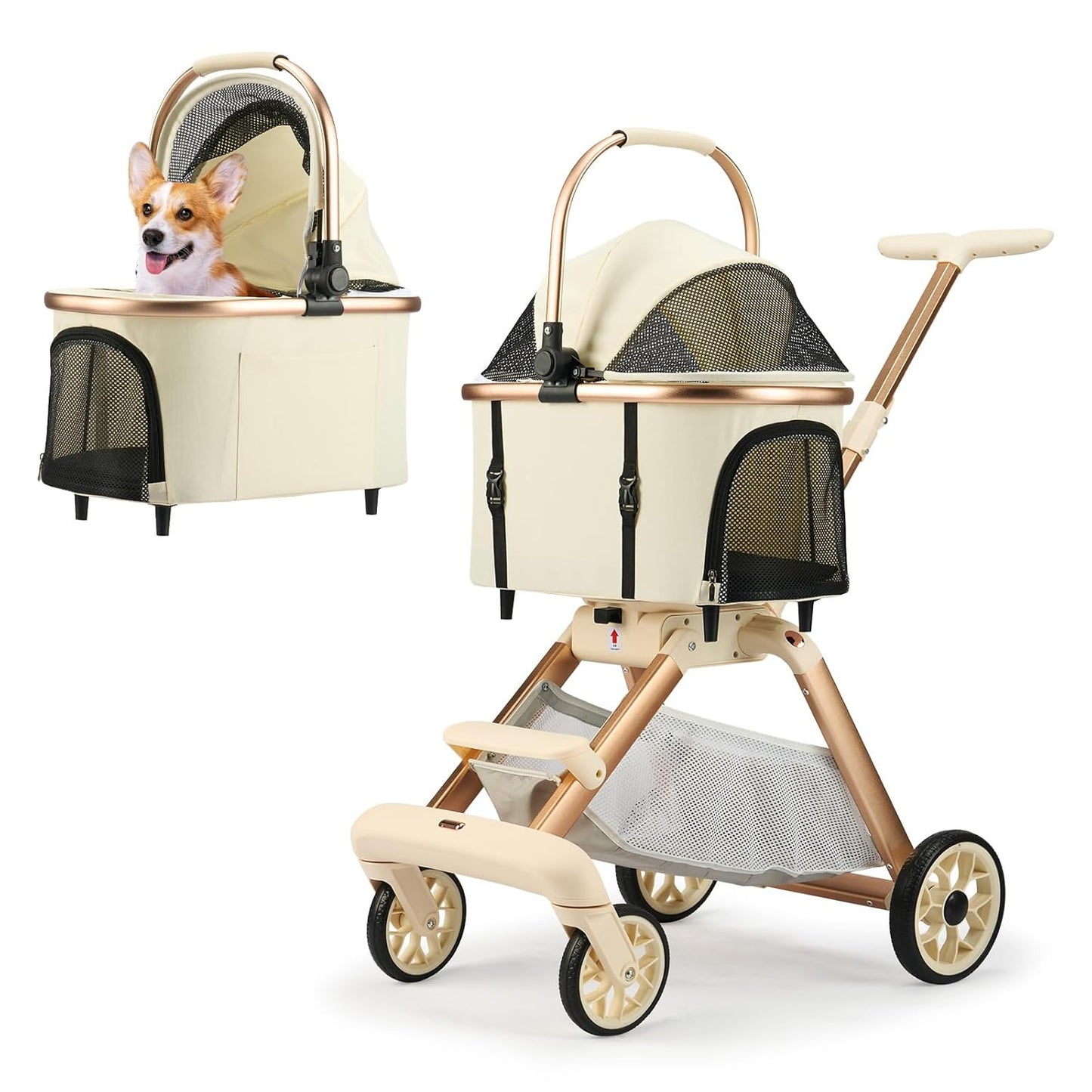 3-in-1 Foldable Pet Stroller for Medium Dogs Cats up to 50lbs, Adjustable Handle Detachable Carrier Car Seat, 5" Lockable All-Terrain Wheels, Large Storage Basket