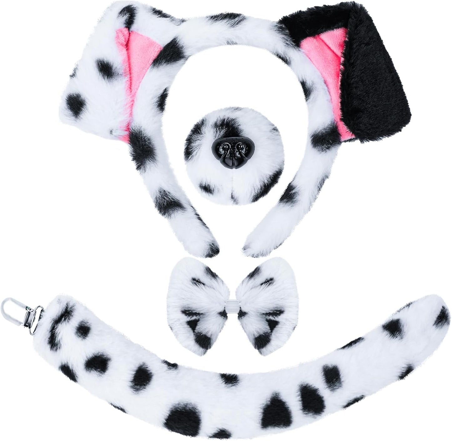 XEPST Animal Dalmatian Costume Kids Set, Dog Ears and Tail Set with Dalmatian Ears Headband and Dog Tail for Animal Costume Cosplay Birthday World Book Day Halloween Fancy Dress Party, Black and White