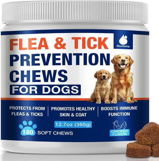 Flea and Tick Prevention for Dogs Chewables, Natural Dog Flea and Tick Treatment, Oral Flea Pills for Dogs Puppy, Skin & Coat Support Supplement
