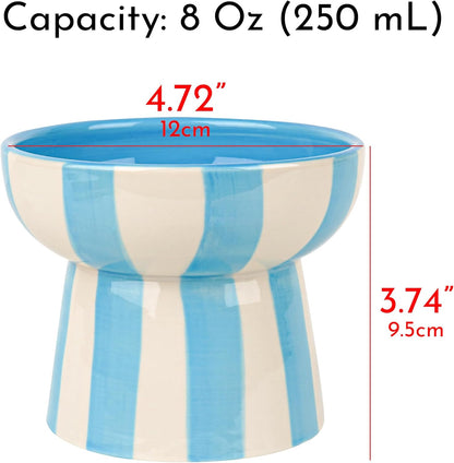 Raised Cat Bowl - Blue Striped Elevated Ceramic Food and Water Dish, Wide Shallow Design for Whisker Fatigue Relief, Dishwasher Safe