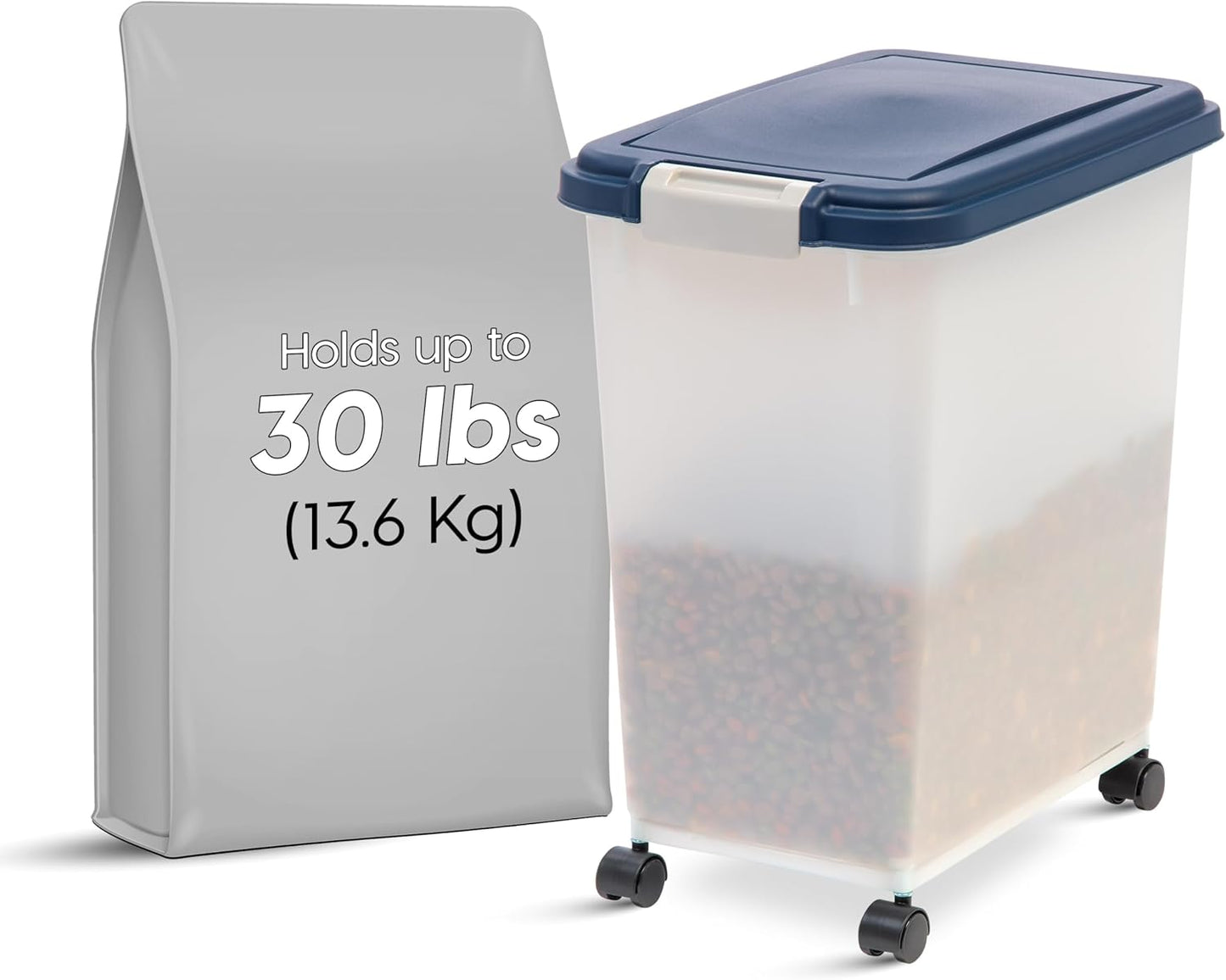 IRIS USA Airtight Dog Food Storage Container, Up to 30 lbs, Attachable Wheels, for Dog Cat Bird and other Pet Food Storage Bin, Keep Fresh, Easy Mobility, BPA Free, Navy/Pearl