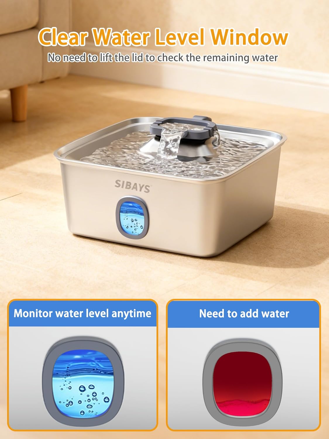 SIBAYS 4Gal/15L Large Dog Water Fountain, Stainless Steel Pet Fountain with Water Window & LED Light, Ultra Quiet Automatic Dog Water Bowl Dispenser for Large Dogs & Multi-pet, Easy to Clean FS76