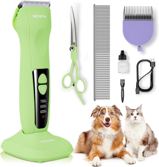 Professional Dog Clippers for Grooming, Low Noise Electric Quiet Dog Grooming Kit, Rechargeable Cordless Dog Shaver Clippers, with 9mm Blade for Dogs Cats Pets (Green)