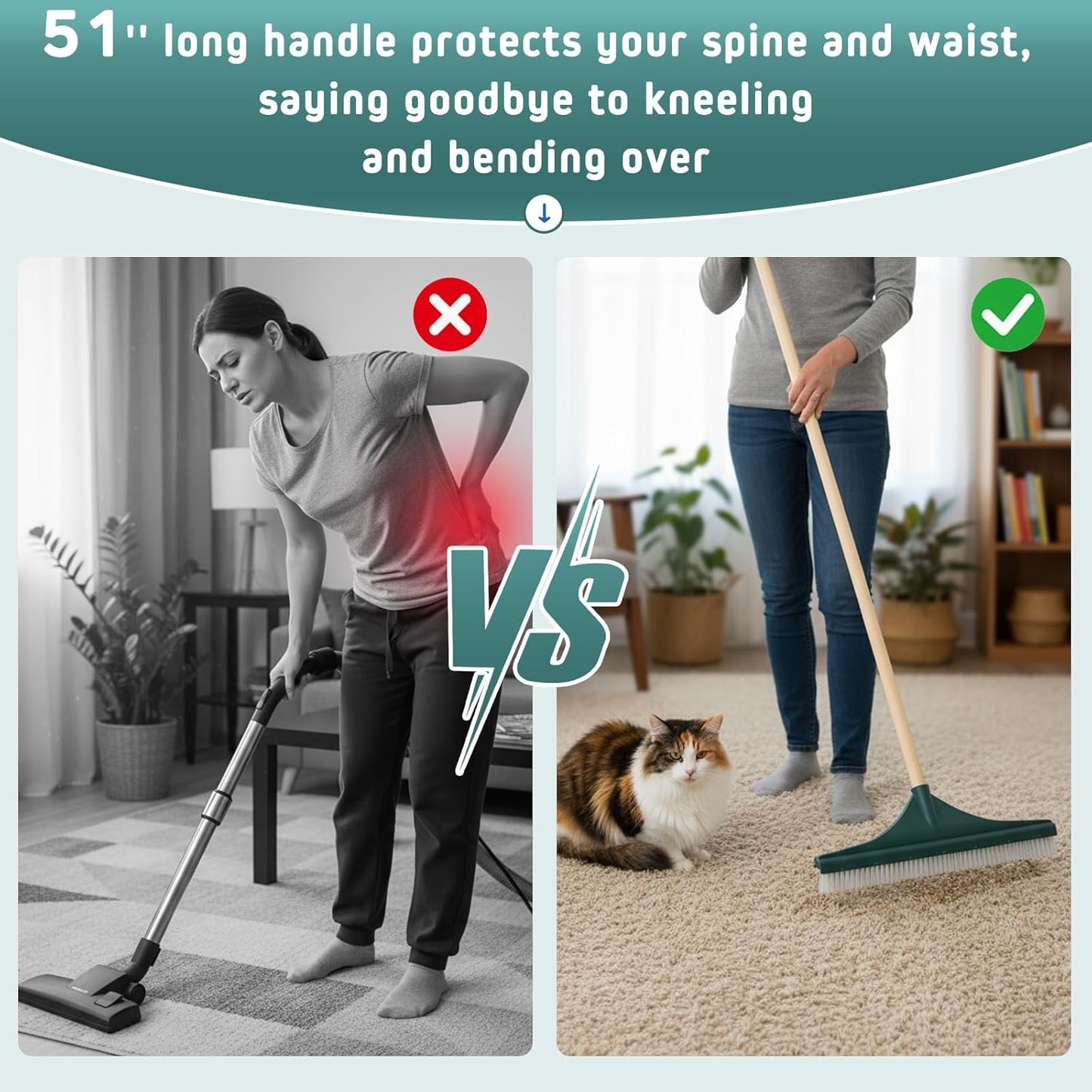 Lasnten 18'' Carpet Rake and Groomer with 54 Inch Wooden Handle, Large Carpet Brush for Fluff Matted, Remove Leaves, Shrubs, Pet Hairs, Debris from Turf