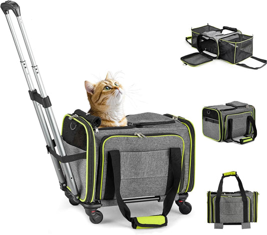 Cat Carrier with Wheels Under 18 lbs, Rolling Pet Carrier TSA Airline Approved for Kitty and Small Dog, Cat Bag Carrier,Expandable Soft Sided Pet Carrier for Travel, Camping and Trip