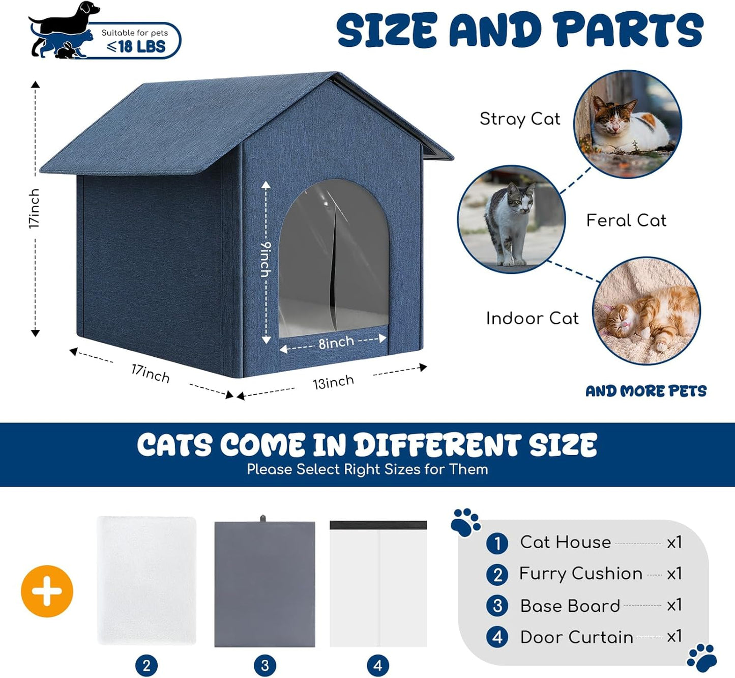 Outdoor Cat House Weatherproof, Insulated Cat Houses for Outdoor/Indoor Cats for Winter, Waterproof Feral Stray Cat Shelter with Door Curtain and Warm Cushion, Easy to Assemble, Navy Blue