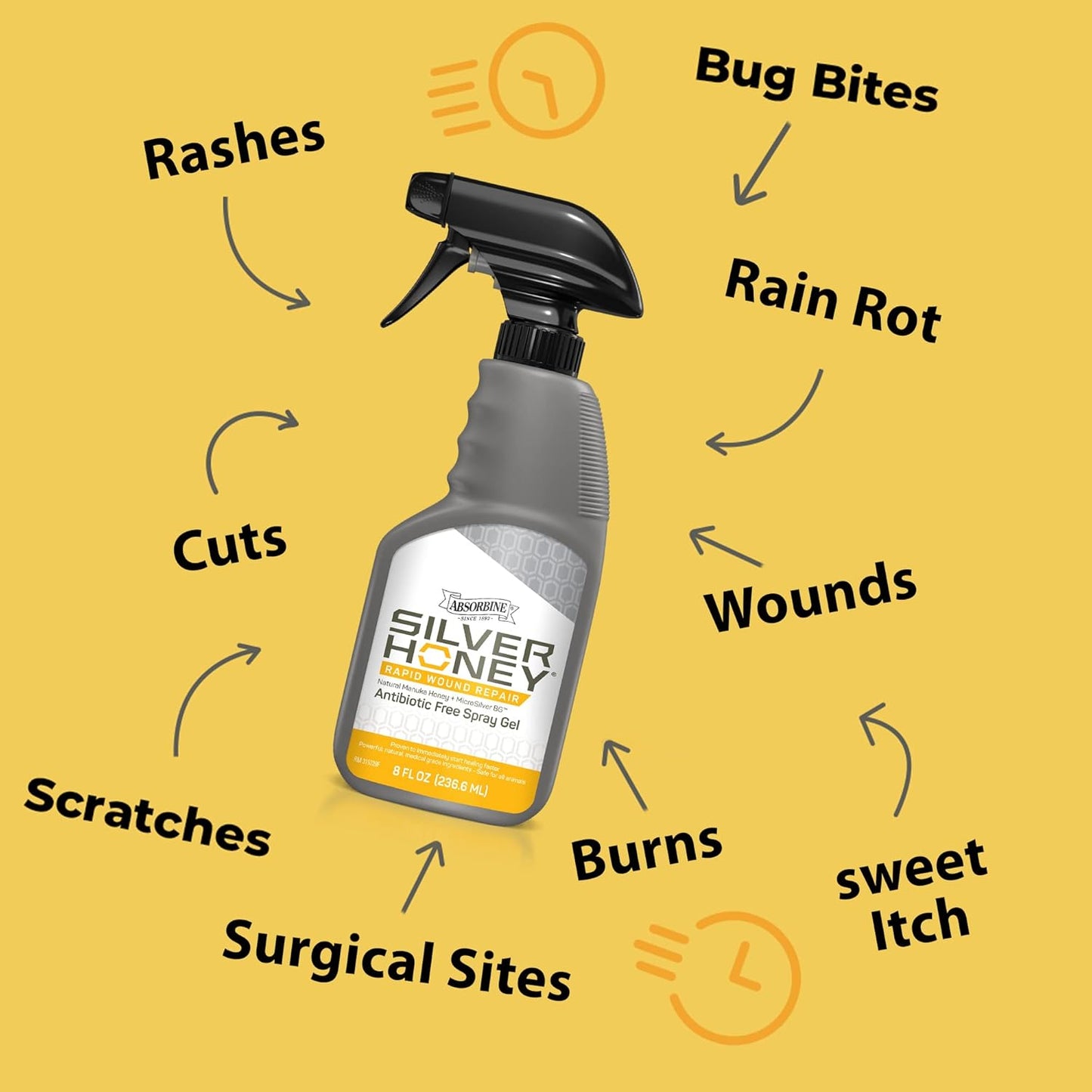 Absorbine Silver Honey Rapid Wound Repair Spray Gel 8oz Bottle, Manuka Honey & MicroSilver BG, Horse & Large Animal Wound Care
