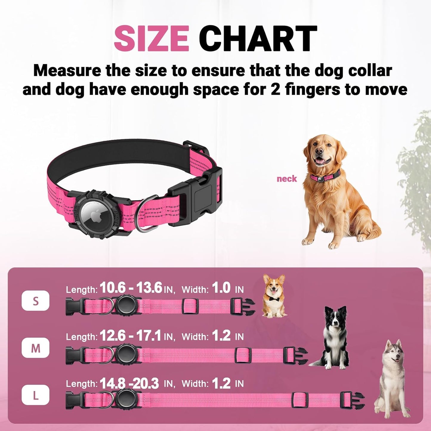 AirTag Dog Collar, IP68 Waterproof Integrated Air Tag Dog Collars with Reflective, Ultra-Durable, Comfortable Padded, Heavy Duty Dog Collars for Small Medium Large Dogs, S (10.6"-13.6"), Pink