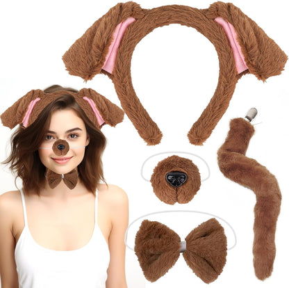 Plush Animal Ears Headband & Nose Bow Tie Tail, Halloween Christmas Cosplay Festival Theme Party Dress up Costume