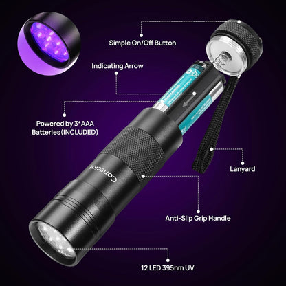 UV Flashlight Black Light, Consciot 12 LED 395nm Ultraviolet Blacklight, Portable Mini Torch Light Pet Urine Detector for Dog/Cat Urine, Dry Stains, Bed Bug, Matching with Pet Odor Eliminator
