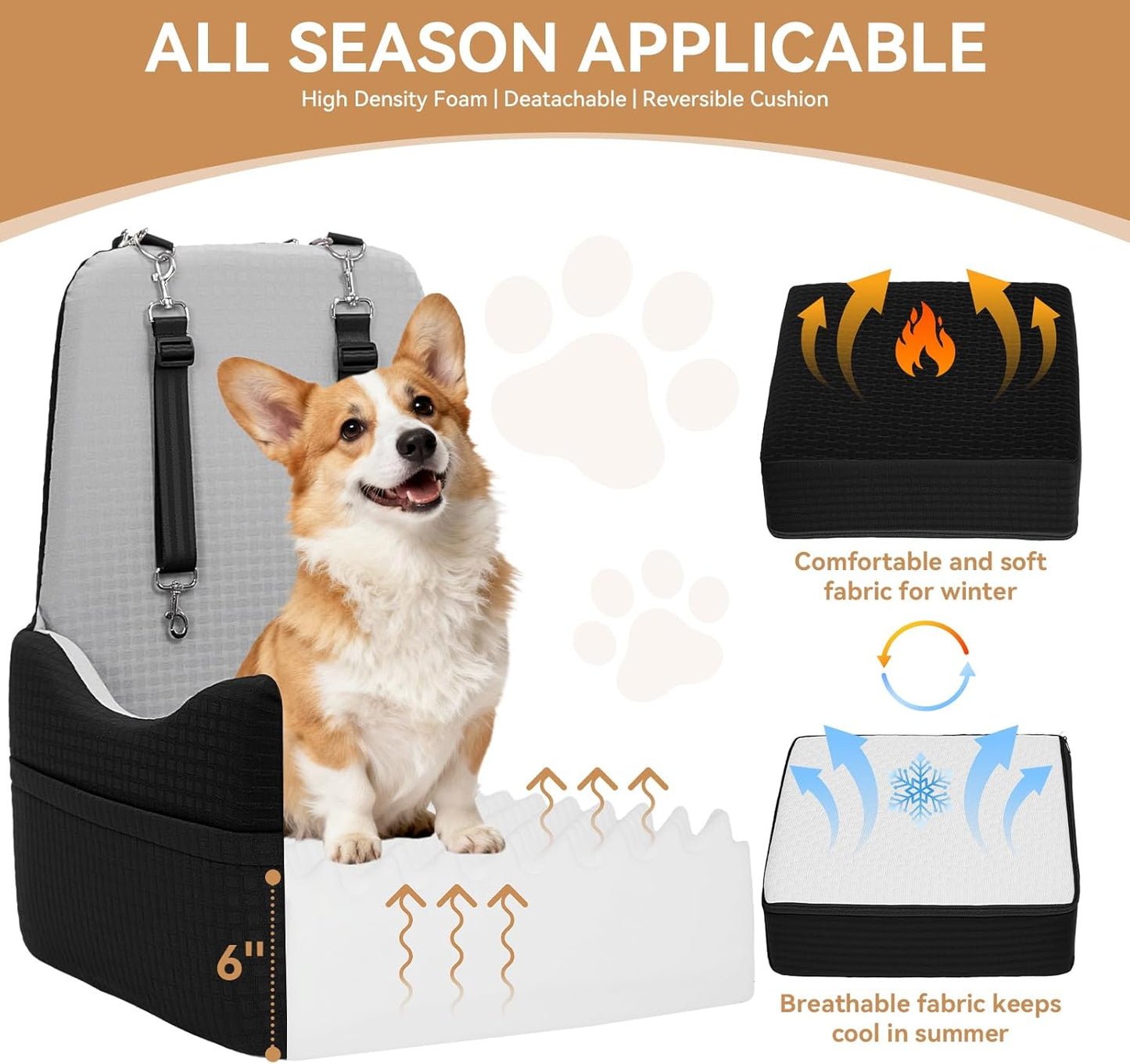 PETSFIT Dog Car Seat for Small/Medium Dogs Up to 35 lbs – Patented Safety System, 6" Memory Foam Pet Booster Car Seat, Fully Detachable and Washable Dog Carseat with 2 Storage Pockets (Black & Grey)