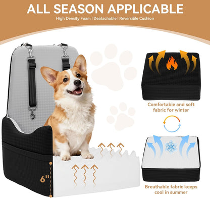 PETSFIT Dog Car Seat for Small/Medium Dogs Up to 35 lbs – Patented Safety System, 6" Memory Foam Pet Booster Car Seat, Fully Detachable and Washable Dog Carseat with 2 Storage Pockets (Black & Grey)