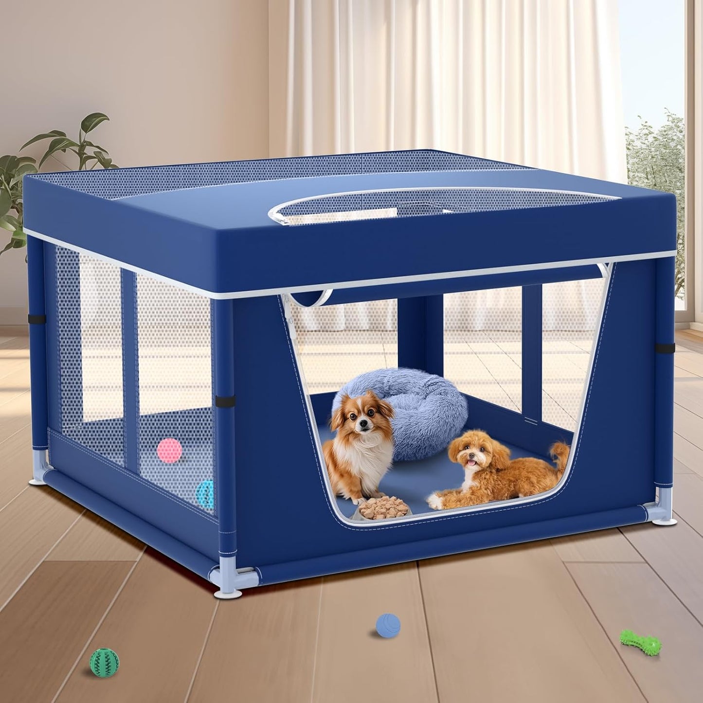 42x42x26 Inches Puppy Playpen with Top Cover, Dog Playpen for Small or Puppy, DogFence Pet Playpen for Indoor & Outdoor, Sturdy Safety Dog Pen with Durable Mesh Windows, Blue