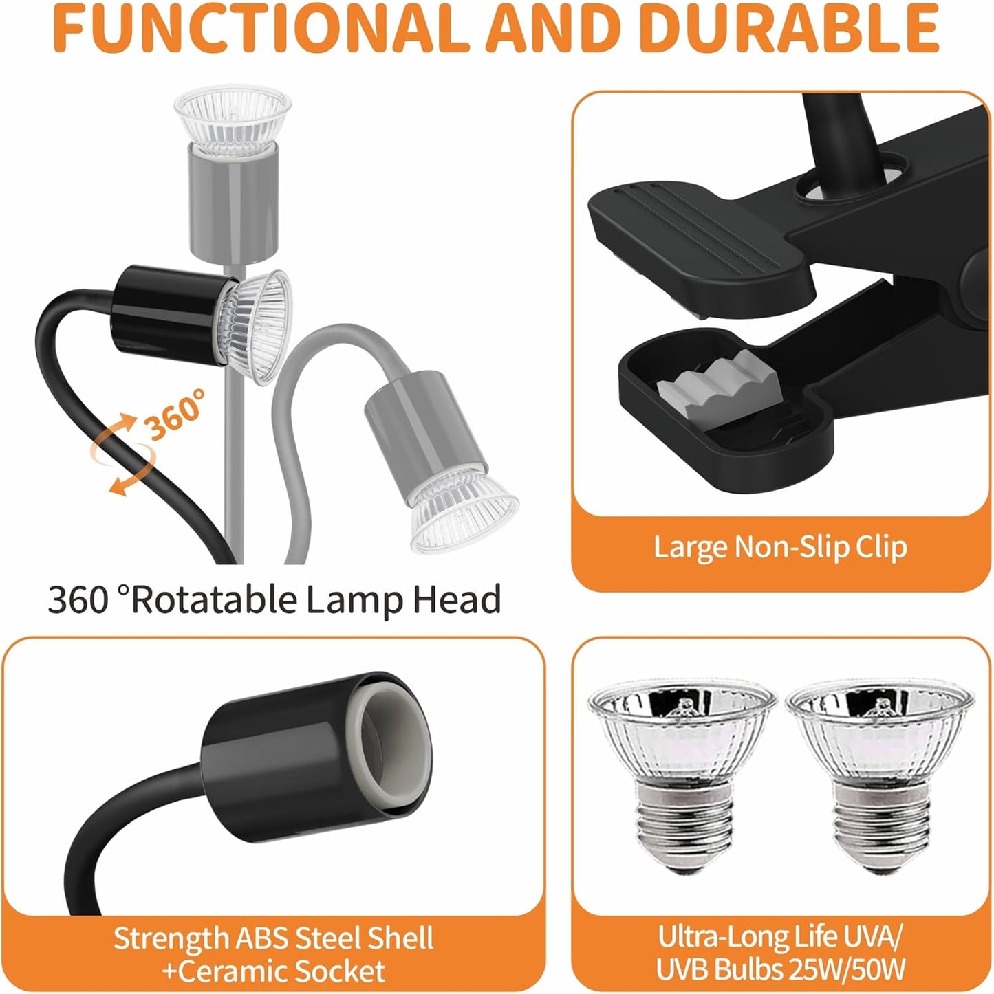 GOZILLA Reptile Heat Lamp, Turtle Lamp with 360° Goose Neck Rotatable Timing & Dimming Cycle Timer, 25W+50W UVA/UVB Reptile Light Bulbs for Reptiles and Amphibian Tanks, Terrariums and Cages.(Black)