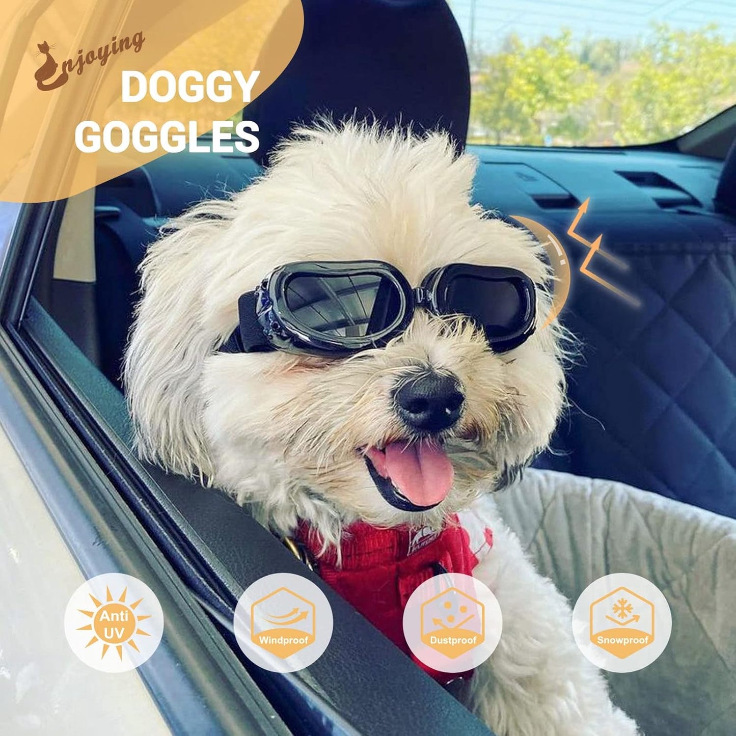 Enjoying Dog Goggles Small Breed, UV Protection Dog Sunglasses Small Breed, Driving Puppy Eye Protection, Windproof Dustproof Anti-Fog, Breathable, Adjustable Straps, Black