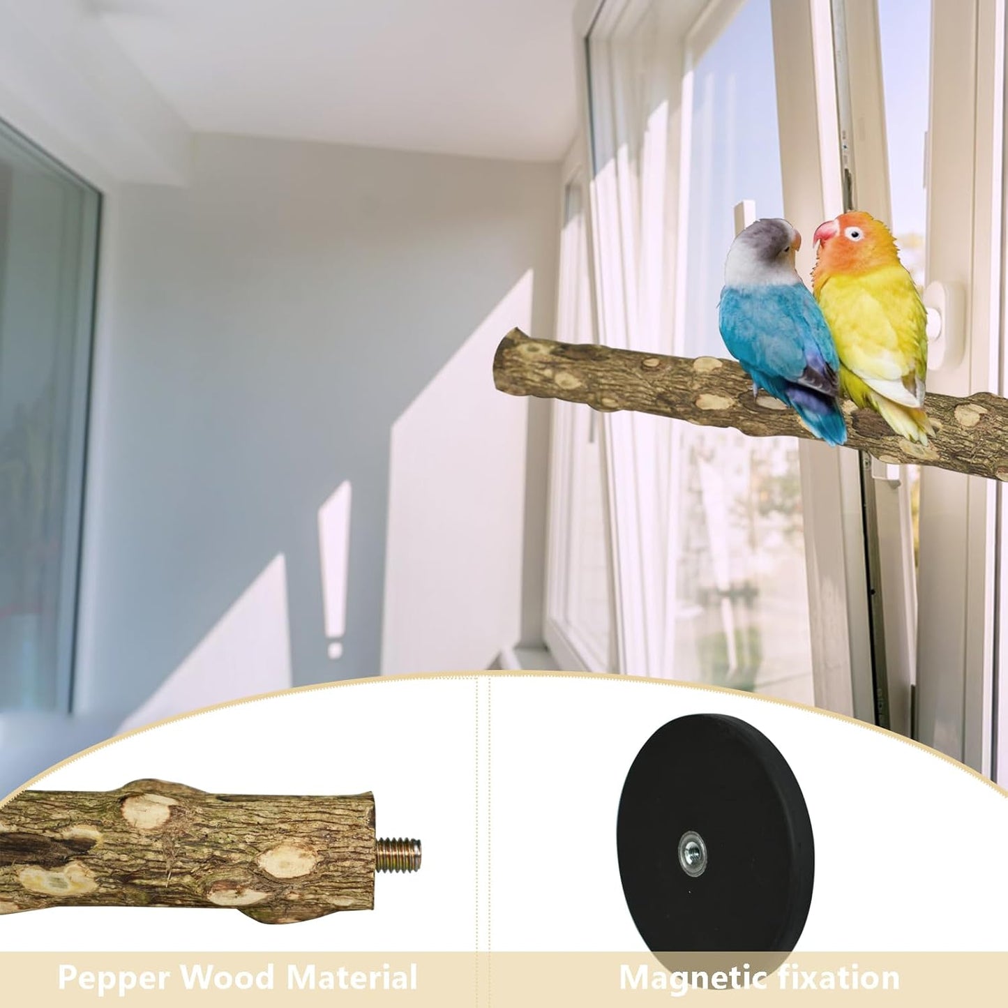Strong Magnetic Bird Perch, Natural Wood Training Stand for Parrots, Parakeets, Lovebirds and Other Small Birds,No Drill Installation Fit for Indoor/Outdoor