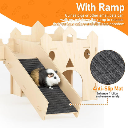 Guinea Pig Hideout House, Deluxe Wooden Hamster Hideout with Climbing Ladder & Rest Zone, Bunny Castle Tower Toy for Guinea Pig Chinchilla Gerbil Hedgehog Small Animal House Habitat Hut